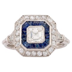 Art Deco Style Diamond Sapphire Platinum Square Halo Ring