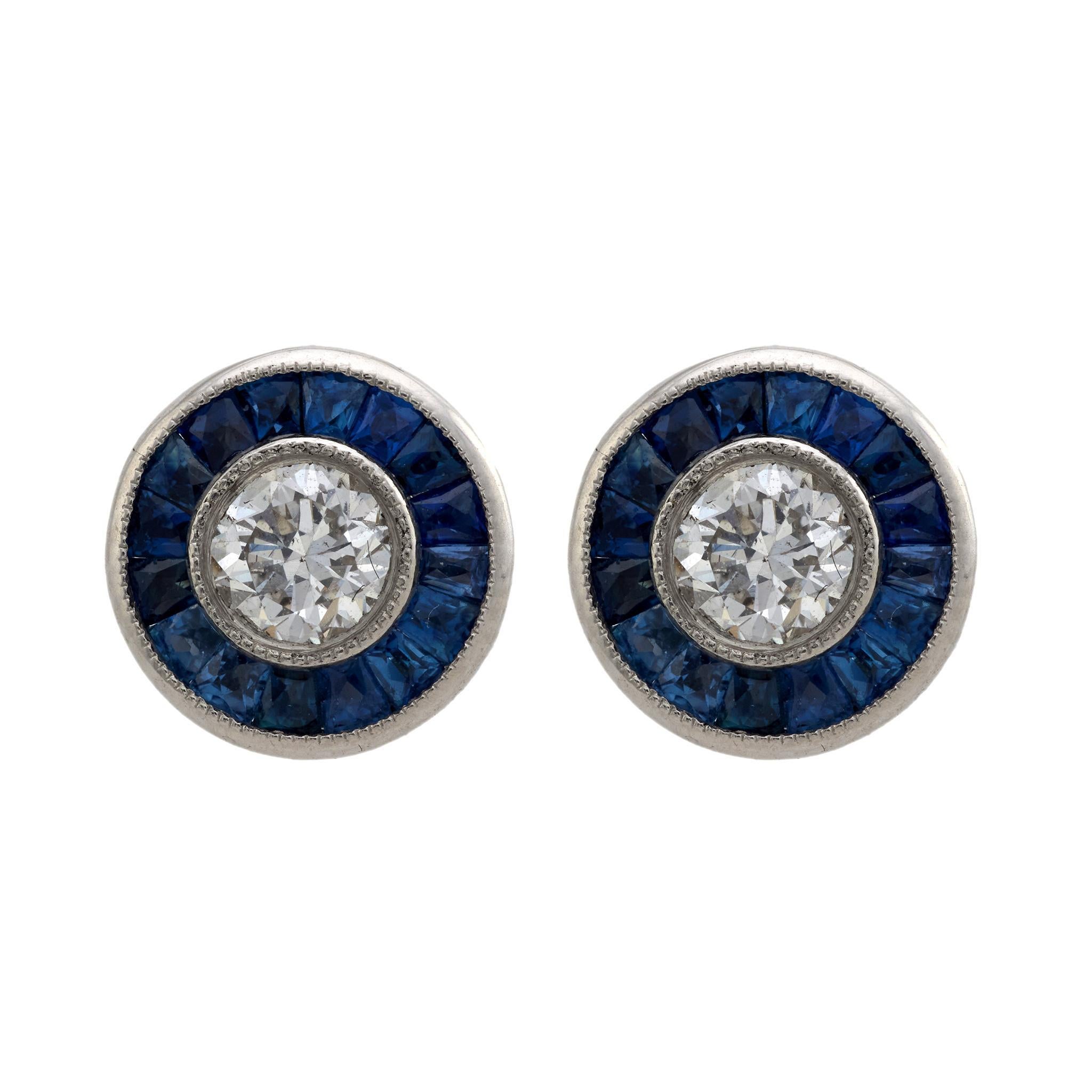 Borchie a bersaglio in platino con diamante e zaffiro in stile Art Deco