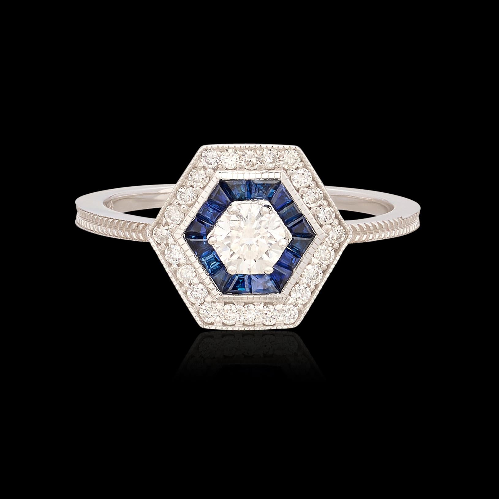 Ring im Art-déco-Stil mit Diamanten und Saphiren (Rundschliff) im Angebot