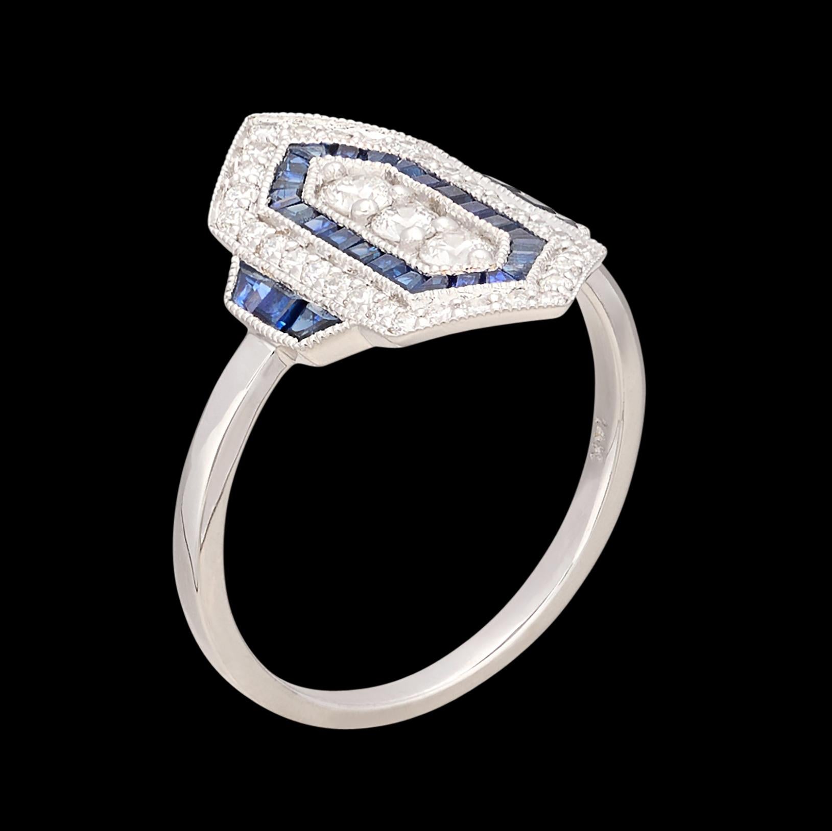 Art Deco Style Diamond & Sapphire Ring For Sale 1
