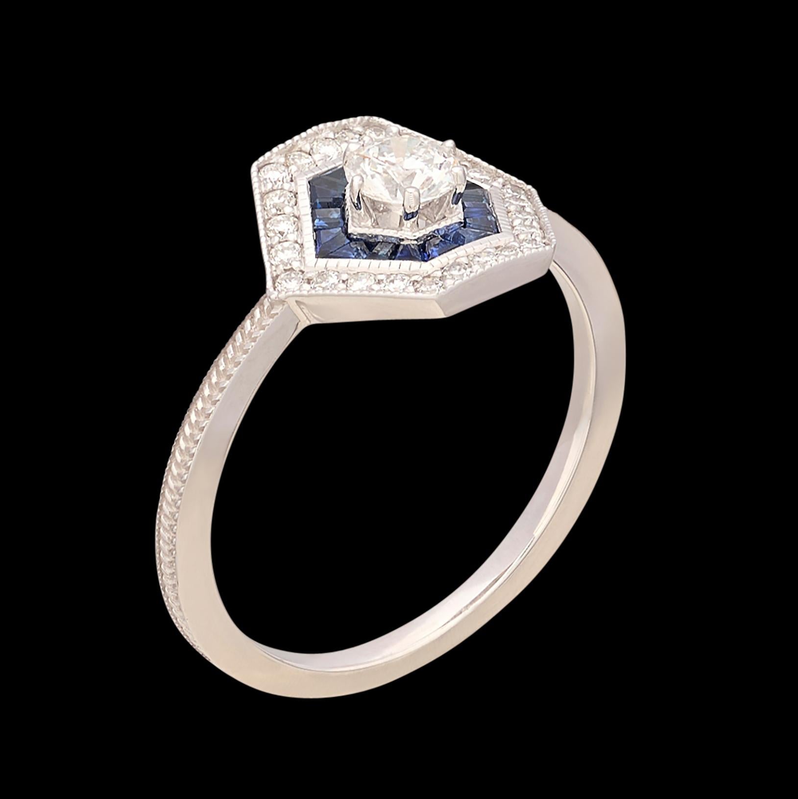 Ring im Art-déco-Stil mit Diamanten und Saphiren im Angebot 2