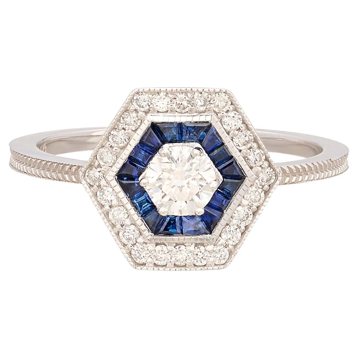 Ring im Art-déco-Stil mit Diamanten und Saphiren im Angebot