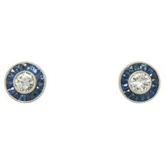 Art Deco Style Diamond Sapphire Stud Earrings Target Design Platinum Halo