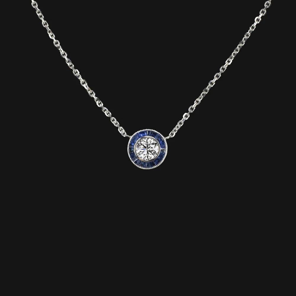 Art Deco Style Diamond & Sapphire Target Pendant in 14K White Gold