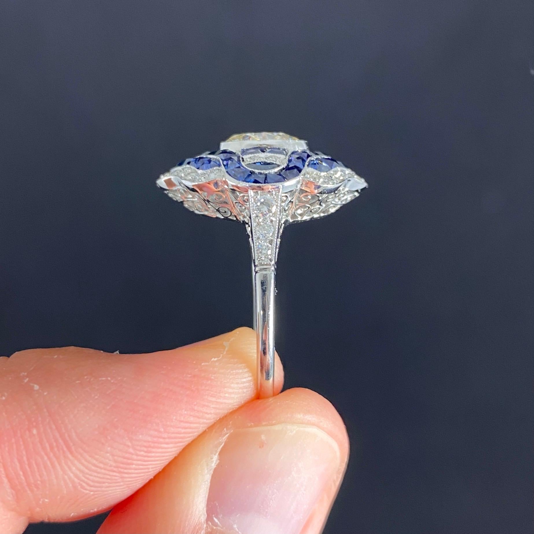 Art Deco Style Diamond Sapphire Target Platinum Engagement Cocktail Dress Ring For Sale 2