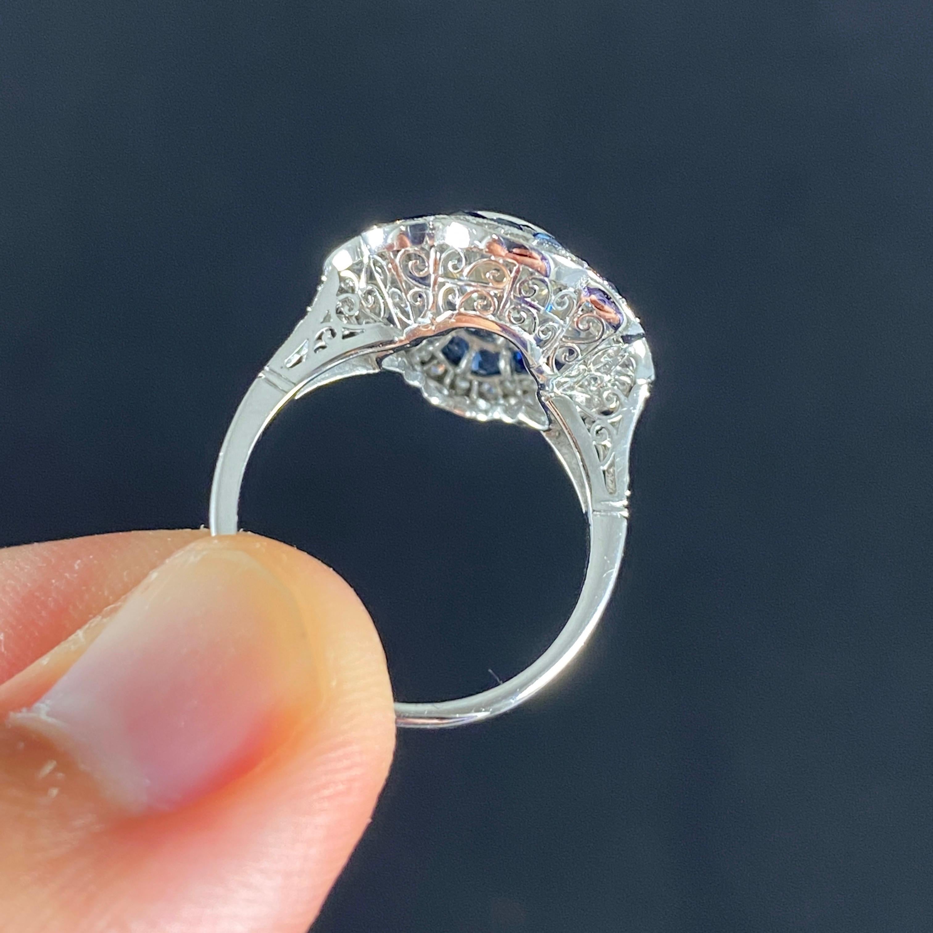 Art Deco Style Diamond Sapphire Target Platinum Engagement Cocktail Dress Ring For Sale 3