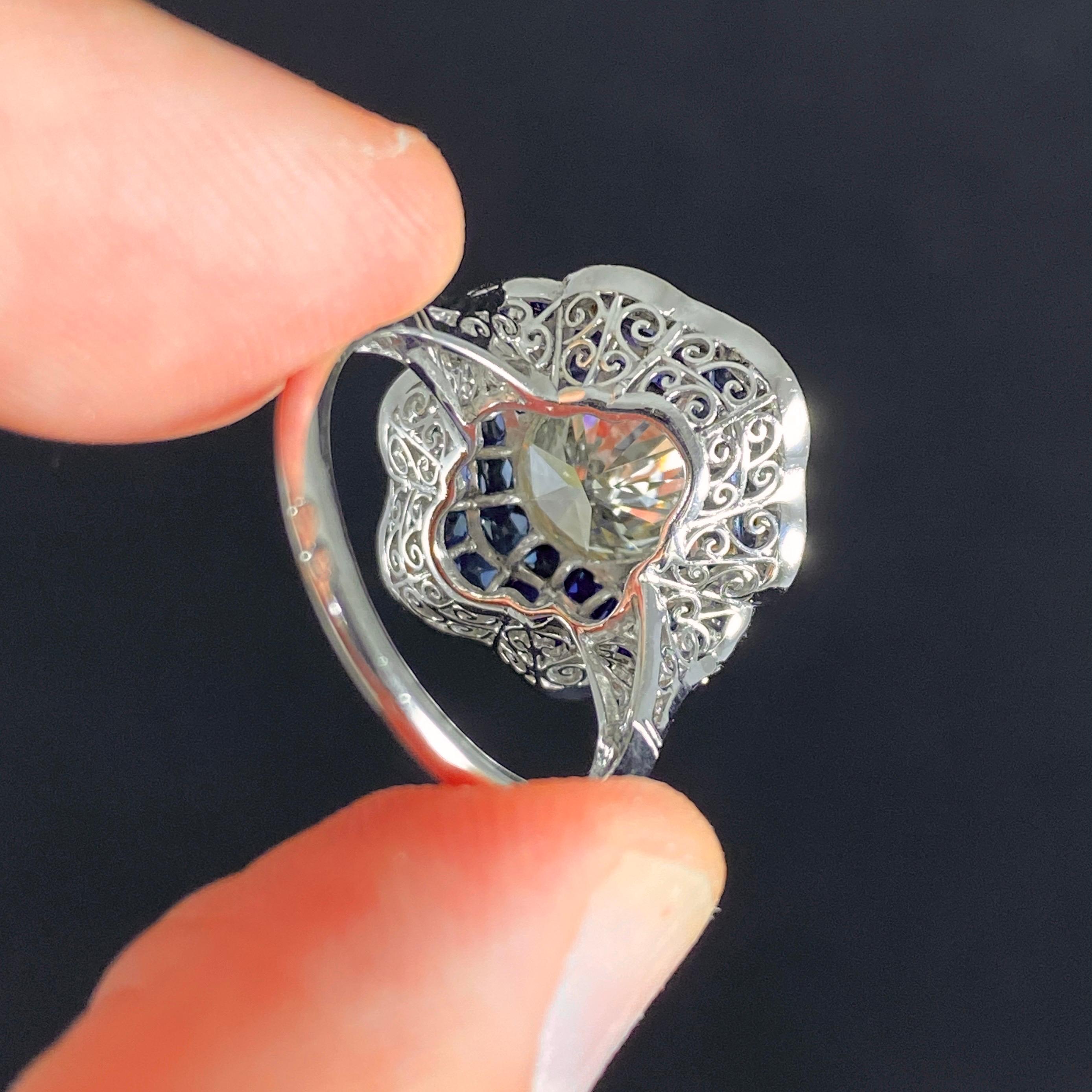 Art Deco Style Diamond Sapphire Target Platinum Engagement Cocktail Dress Ring For Sale 4