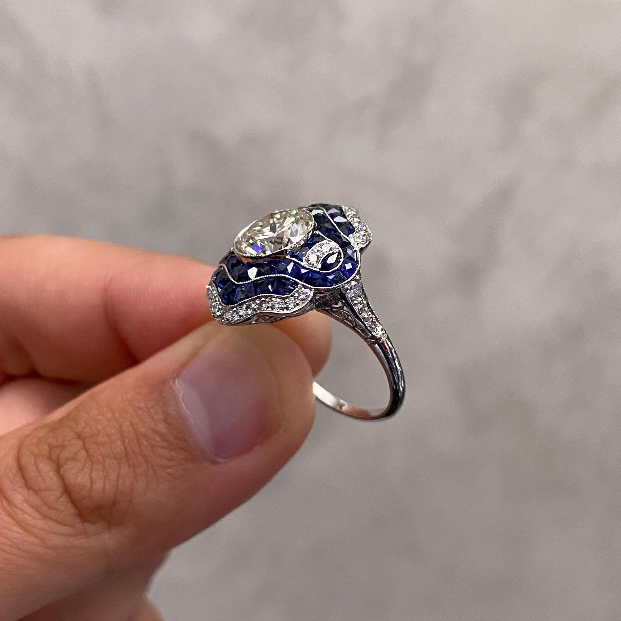 Art Deco Style Diamond Sapphire Target Platinum Engagement Cocktail Dress Ring For Sale 5