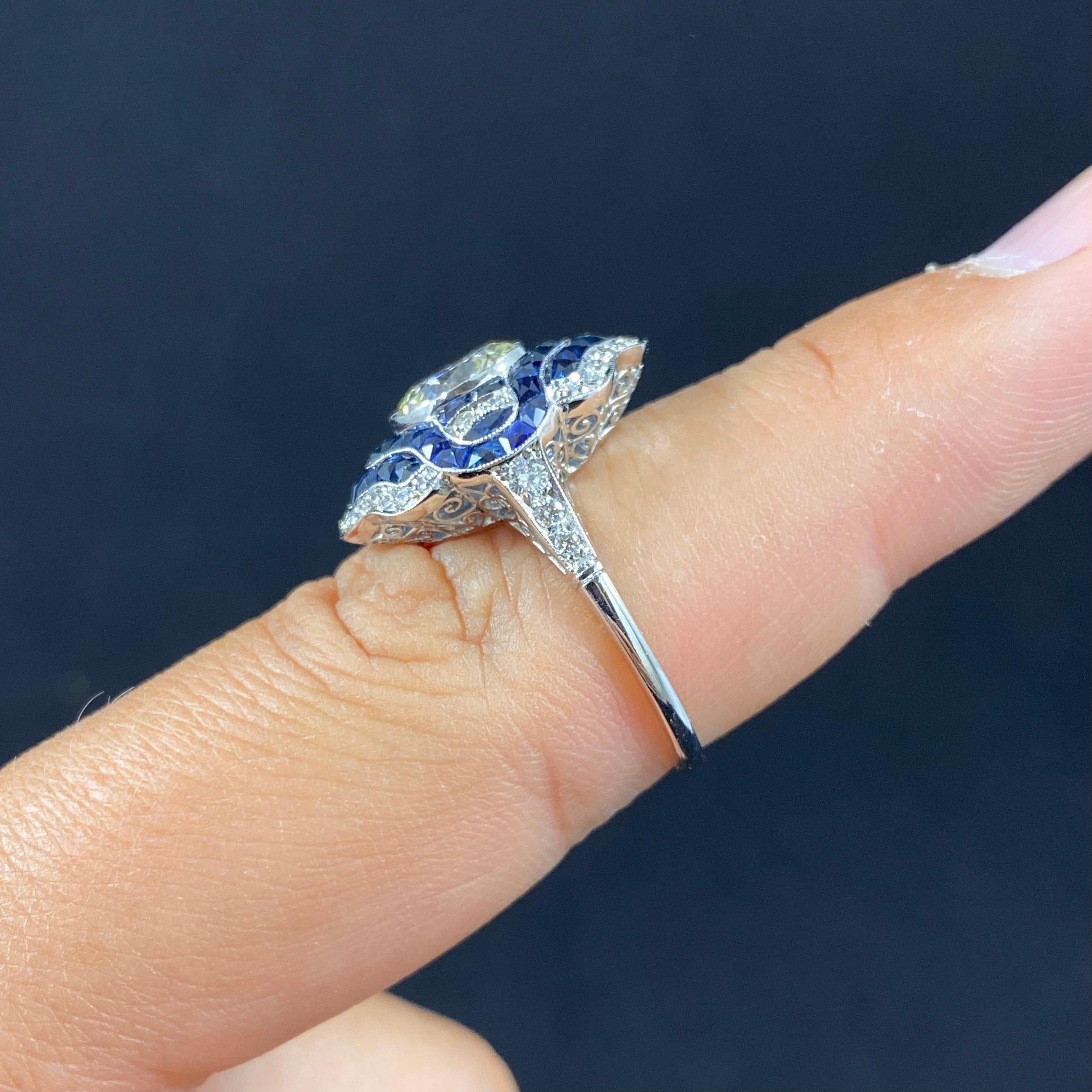 Art Deco Style Diamond Sapphire Target Platinum Engagement Cocktail Dress Ring For Sale 6