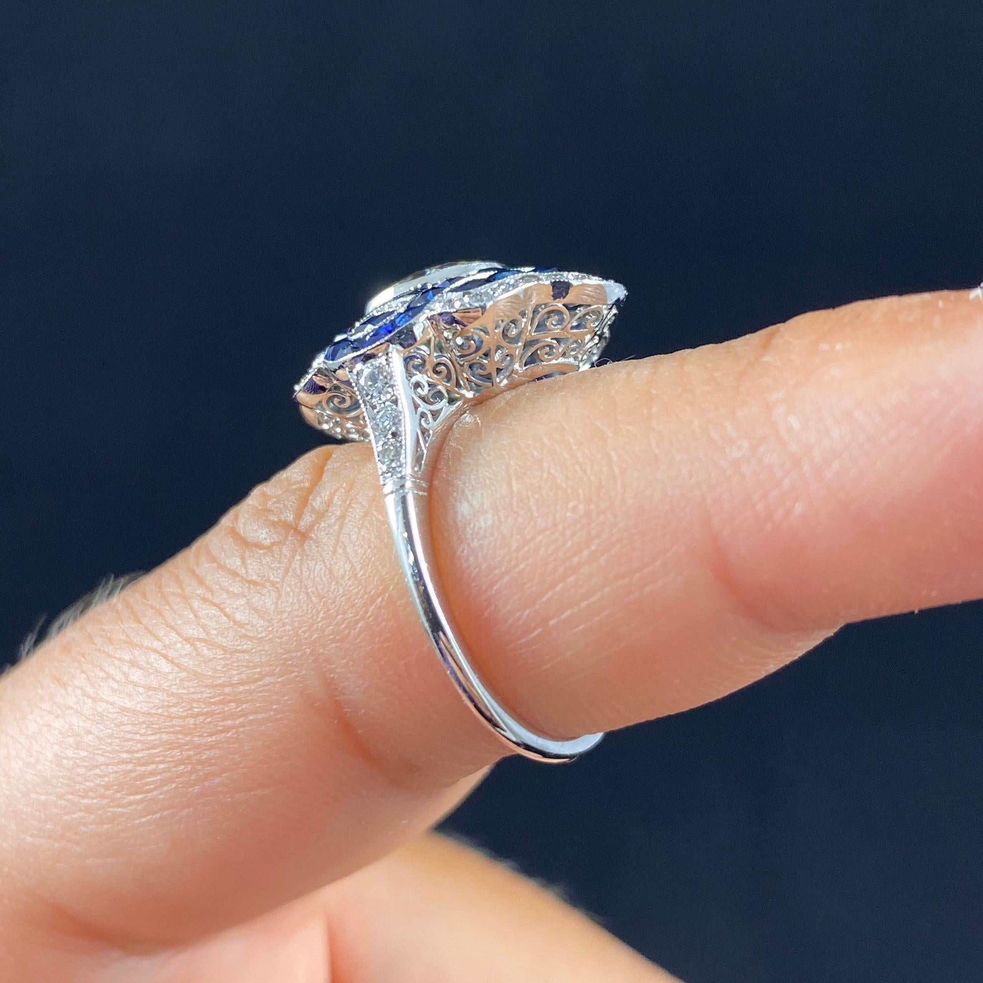Art Deco Style Diamond Sapphire Target Platinum Engagement Cocktail Dress Ring For Sale 7