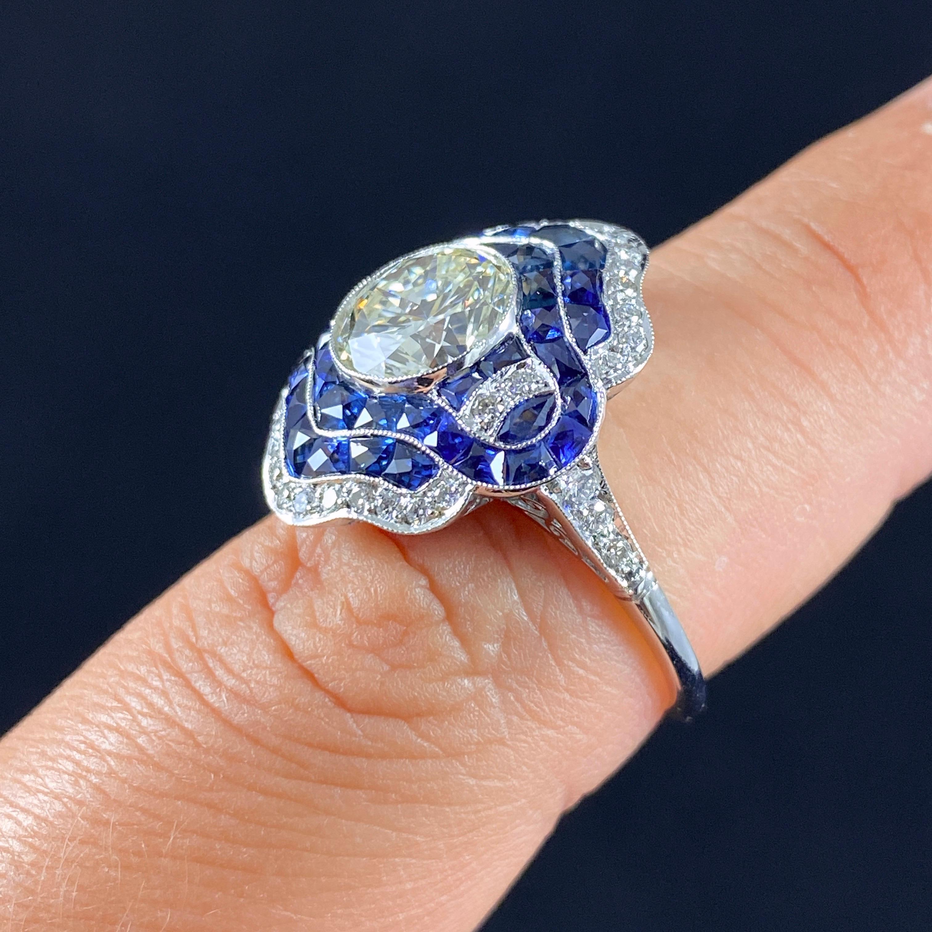 Art Deco Style Diamond Sapphire Target Platinum Engagement Cocktail Dress Ring For Sale 8