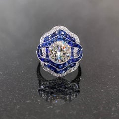 Art Deco Style Diamond Sapphire Target Platinum Engagement Cocktail Dress Ring