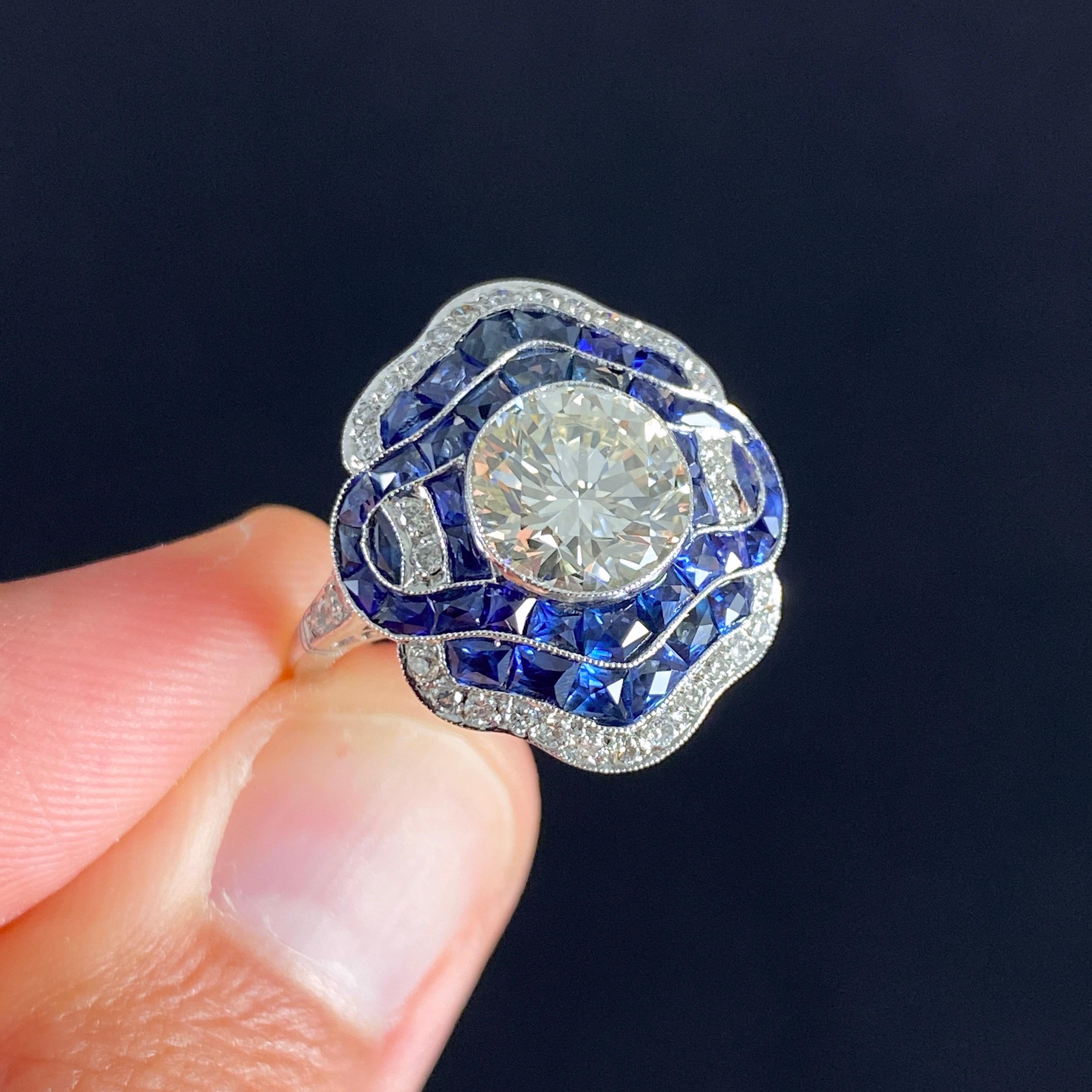 Art Deco Style Diamond Sapphire Target Platinum Engagement Cocktail Dress Ring In Good Condition For Sale In Lisbon, PT