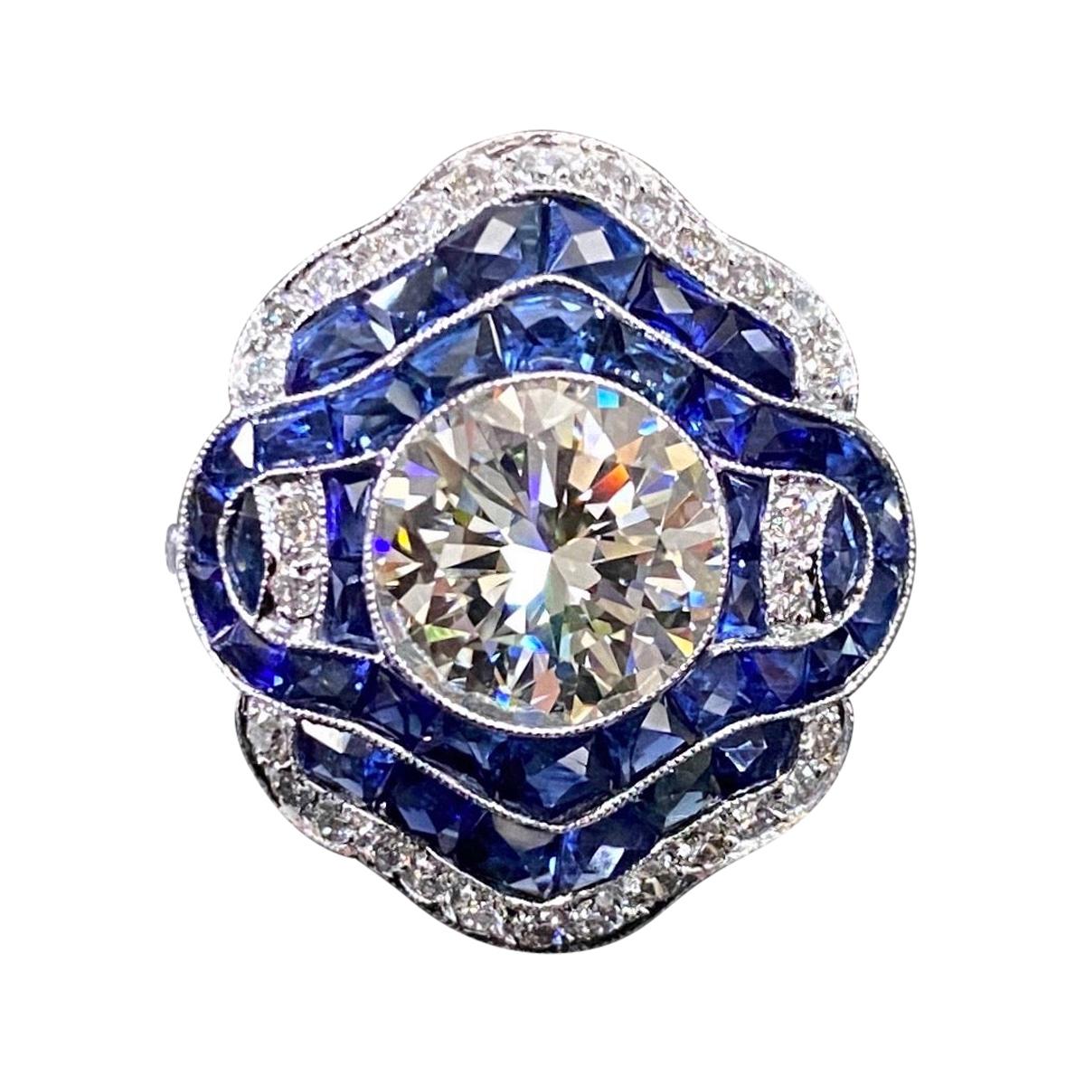 Bague de fiançailles de style Art déco en platine avec diamants et saphirs