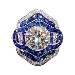 Art Deco Style Diamond Sapphire Target Platinum Engagement Cocktail Dress Ring