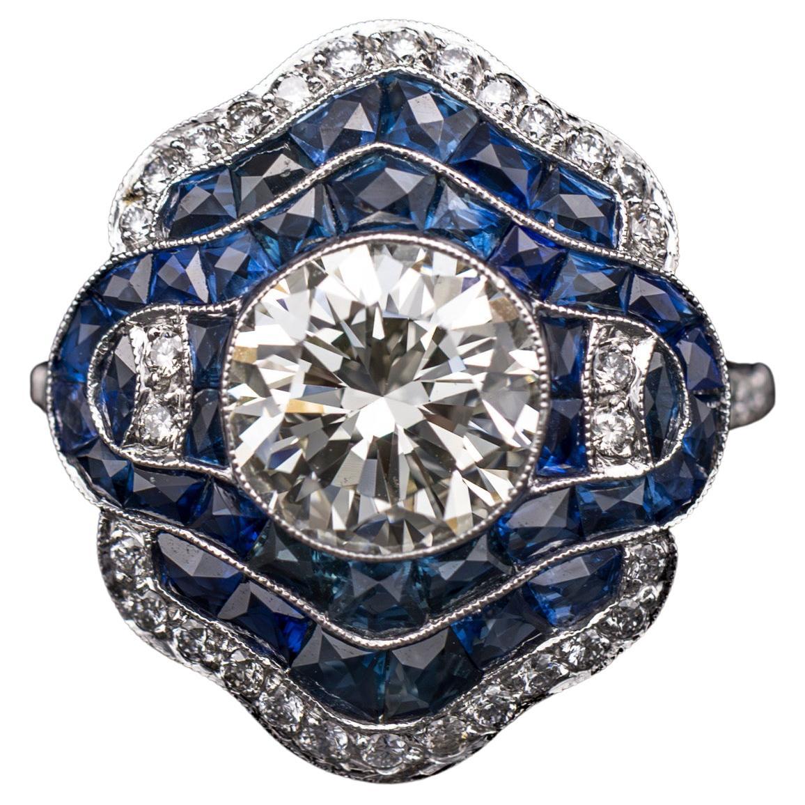 Art Deco Style Diamond Sapphire Target Platinum Engagement Cocktail Dress Ring in vendita
