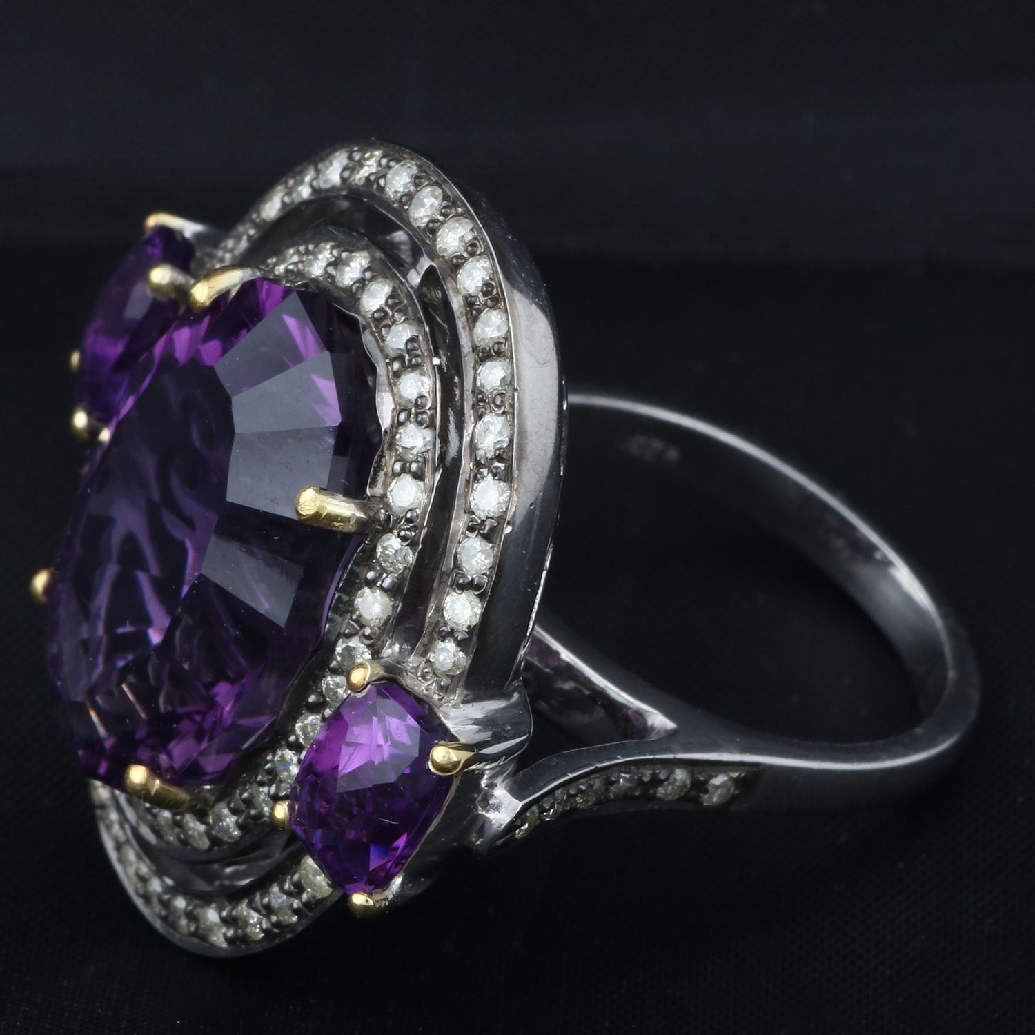 Round Cut Art Deco Style Diamond Silver Amethyst Wedding & Party Solitaire Ring For Sale