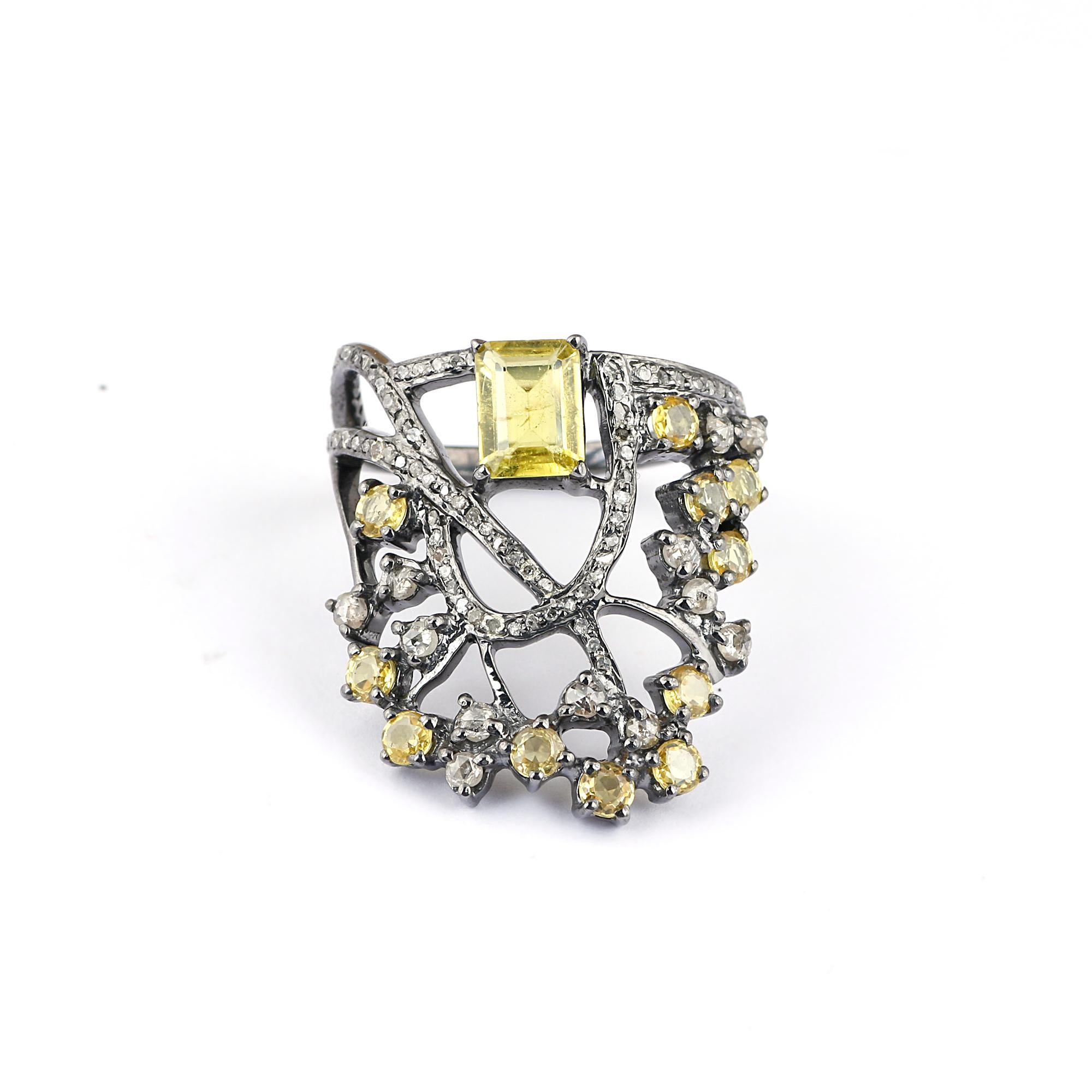 Art Deco Style Diamond Silver Lemon Quartz Wedding & Party Cocktail Ring For Sale 5