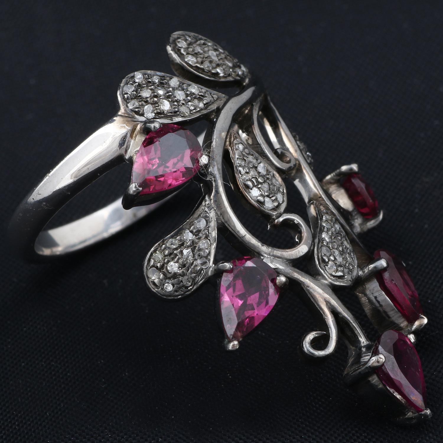 Victorian Art Deco Style Diamond Silver Pink Tourmaline Flower Shape Cocktail Ring For Sale