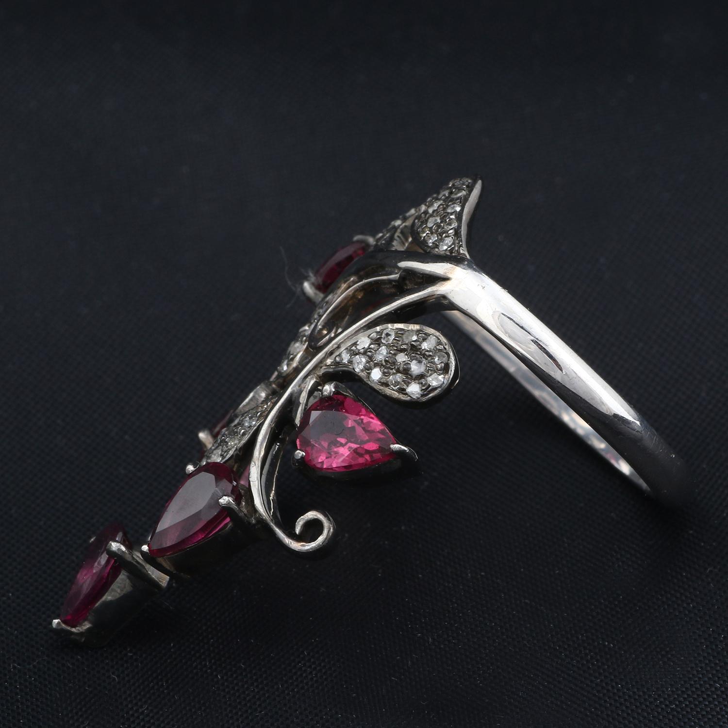 Art Deco Style Diamond Silver Pink Tourmaline Flower Shape Cocktail Ring In New Condition For Sale In Jaipur, RJ