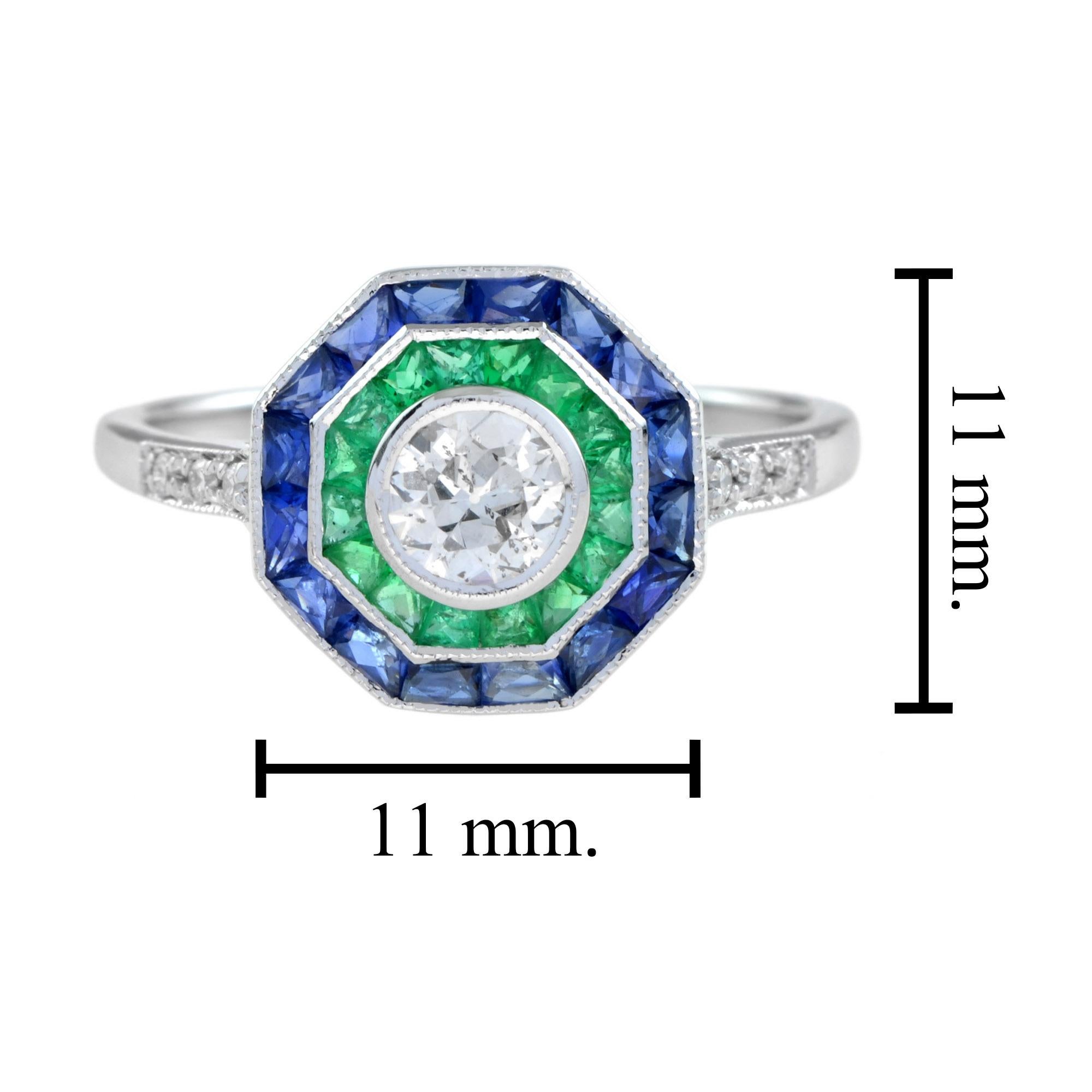 Bague en or blanc de style Art Deco avec diamant, saphir bleu et émeraude verte en halo en vente 5