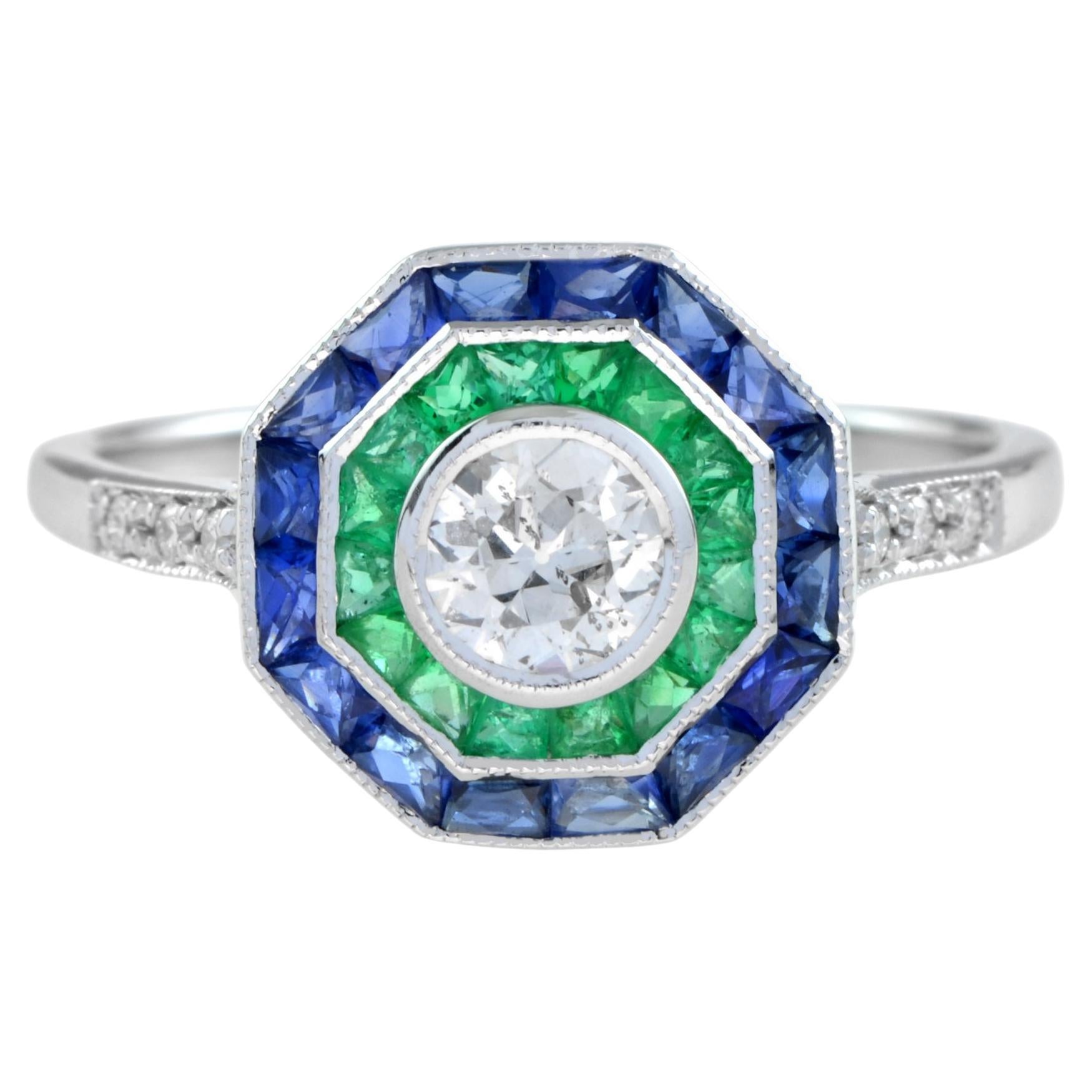 Art Deco Style Diamond with Blue Sapphire & Green Emerald Halo White Gold Ring