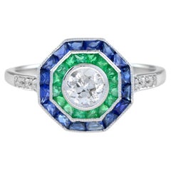 Art Deco Style Diamond with Blue Sapphire & Green Emerald Halo White Gold Ring