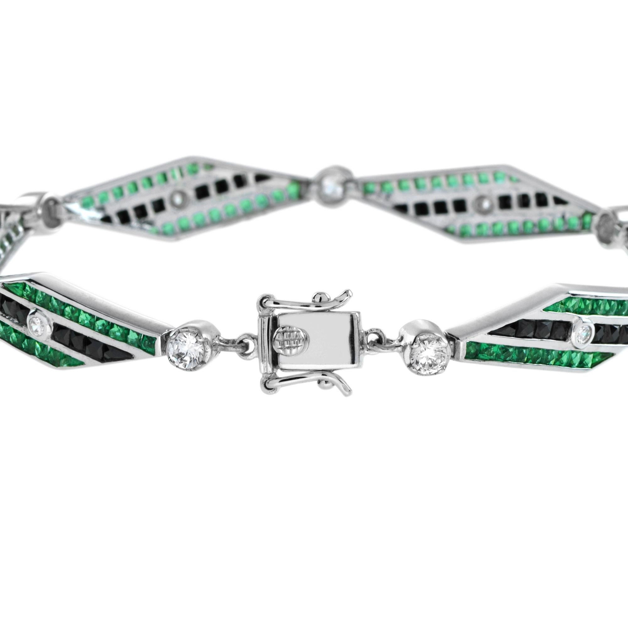 Round Cut Art Deco Style Diamond with Emerald and Onyx Bracelet in 18K White Gold For Sale