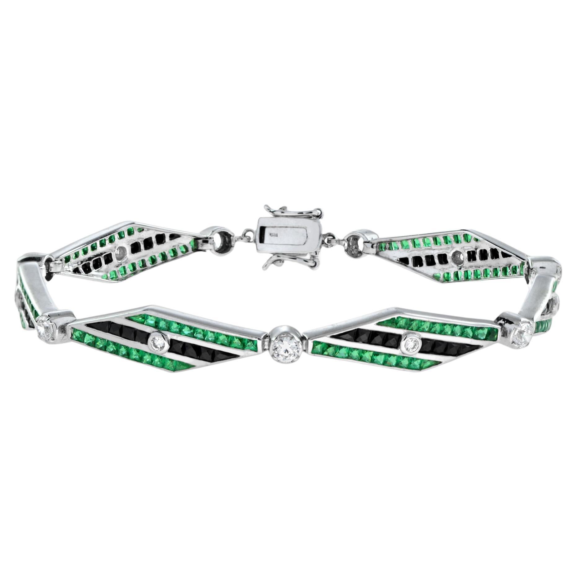 Art Deco Style Diamond with Emerald and Onyx Bracelet in 18K White Gold For Sale