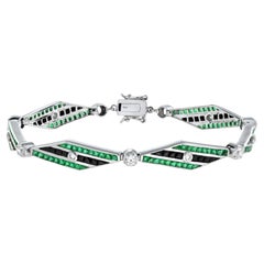 Art Deco Style Diamond with Emerald and Onyx Bracelet in 18K White Gold