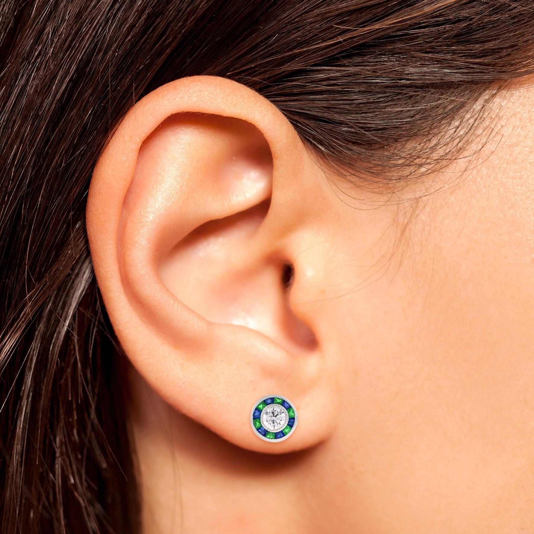 Women's or Men's Art Deco Style Diamond with Emerald and Sapphire Target Earrings in 18K Gold For Sale