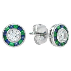 Art Deco Style Diamond with Emerald and Sapphire Target Earrings in 18K Gold