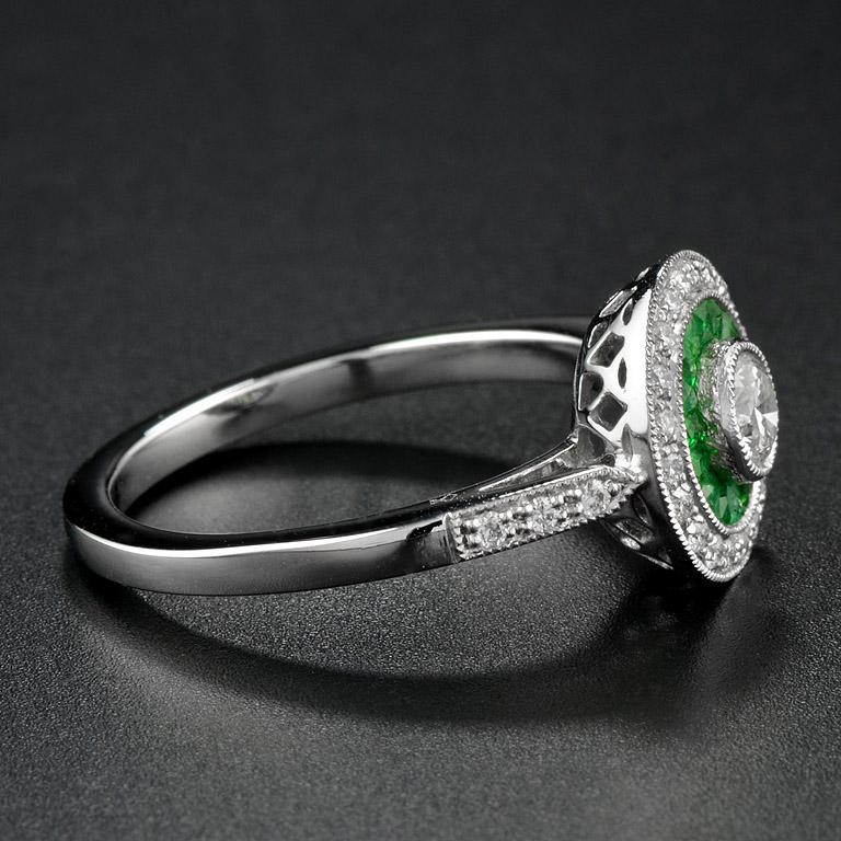 Women's Art Deco Style Diamond with Emerald Double Halo Engagement Ring in Platinum950 For Sale