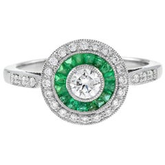 Vintage Art Deco Style Diamond with Emerald Double Halo Engagement Ring in Platinum950
