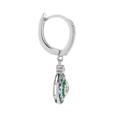 Art Deco Style Diamond with Emerald Sapphire Octagonal Stud 14K White Gold Ring