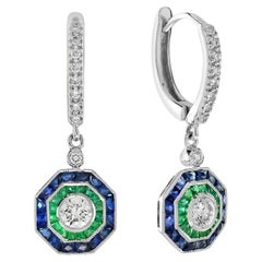 Art Deco Style Diamond with Emerald Sapphire Octagonal Stud 14K White Gold Ring