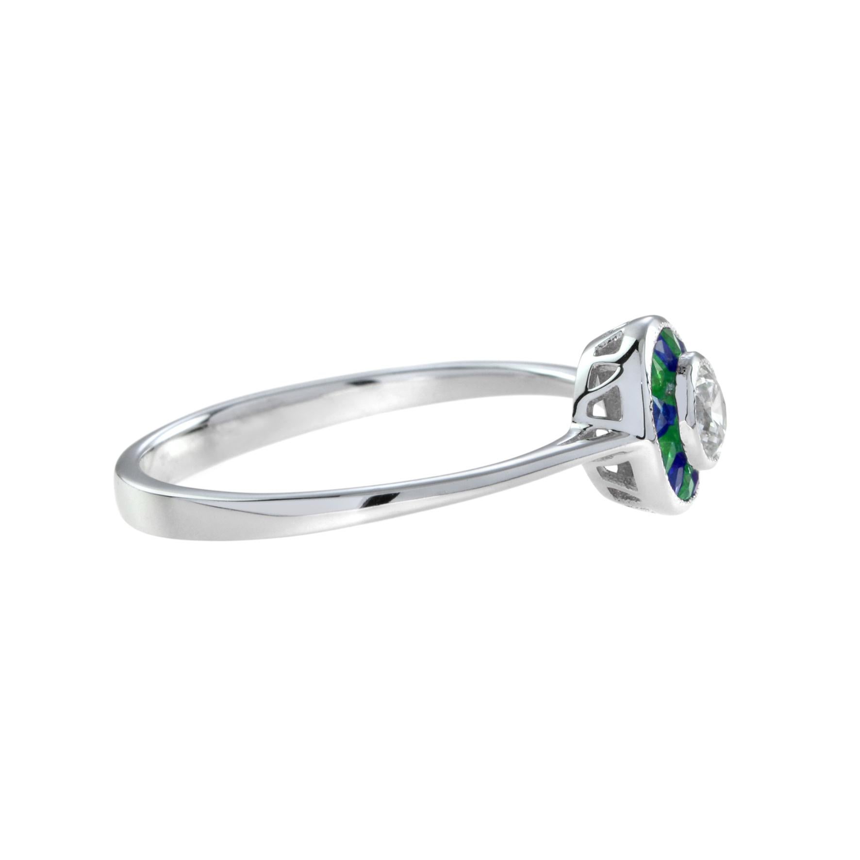 Anillo de oro blanco estilo Art Déco de diamantes con esmeralda verde y zafiro azul Art Decó en venta