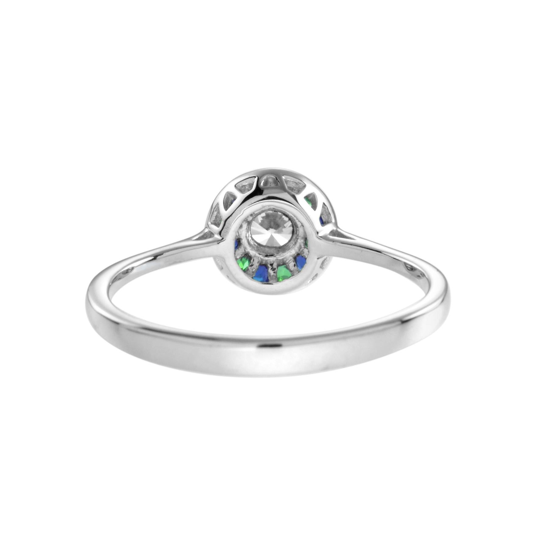 Anillo de oro blanco estilo Art Déco de diamantes con esmeralda verde y zafiro azul Corte redondo en venta