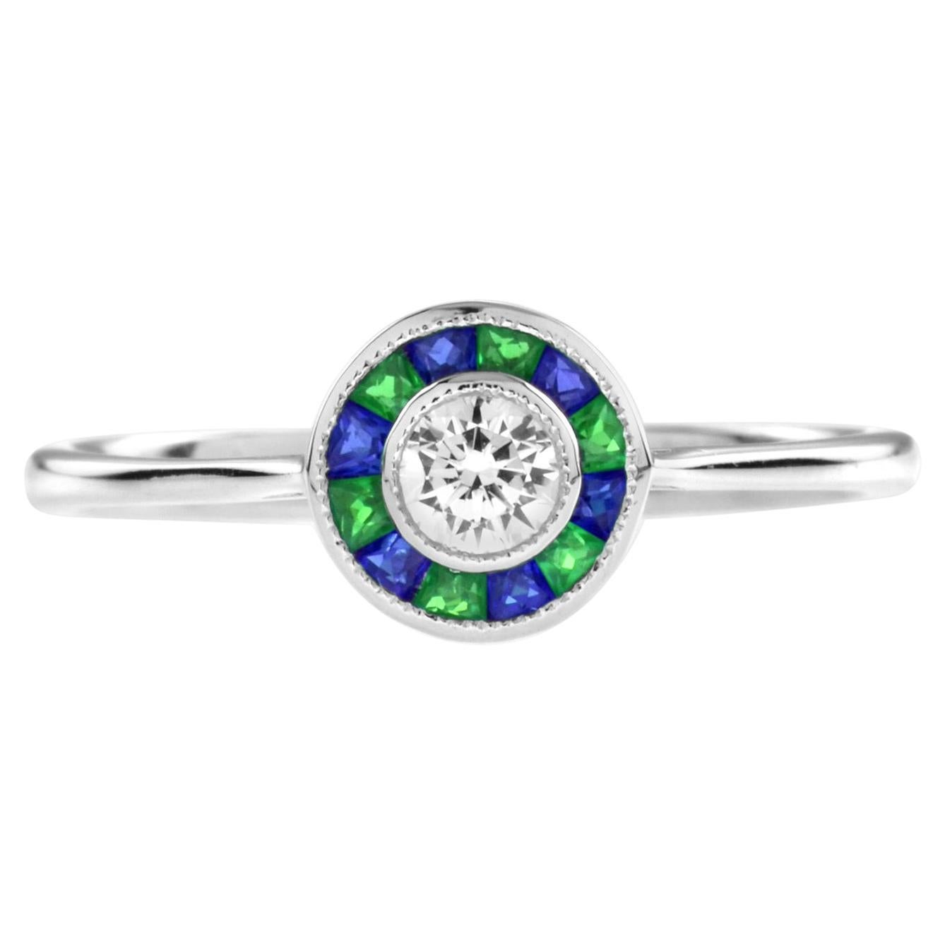 Art Deco Style Diamond with Green Emerald and Blue Sapphire White Gold Ring
