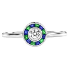 Art Deco Style Diamond with Green Emerald and Blue Sapphire White Gold Ring