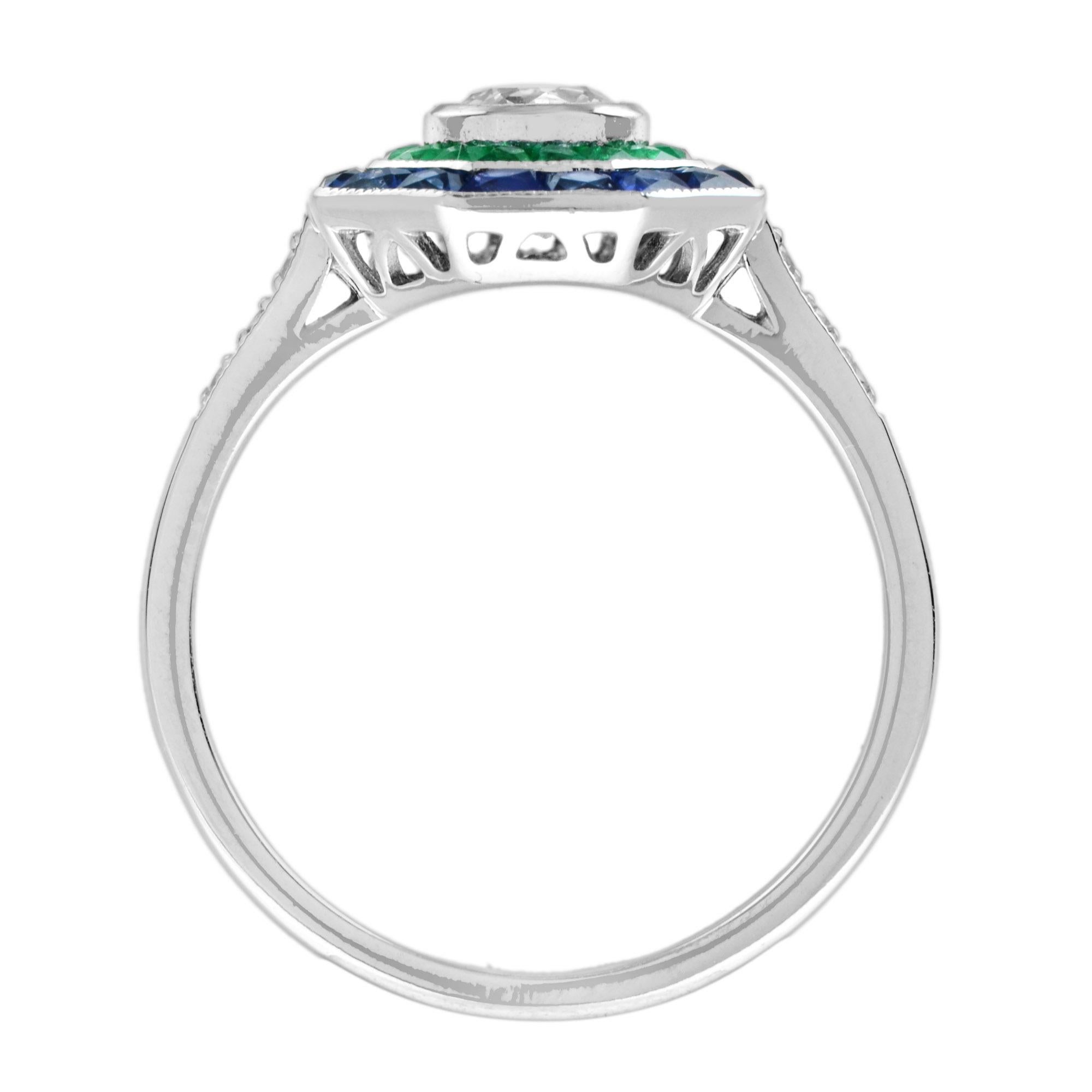 Art Deco Style Diamond with Sapphire and Emerald Engagement Ring in 18K Gold For Sale 2