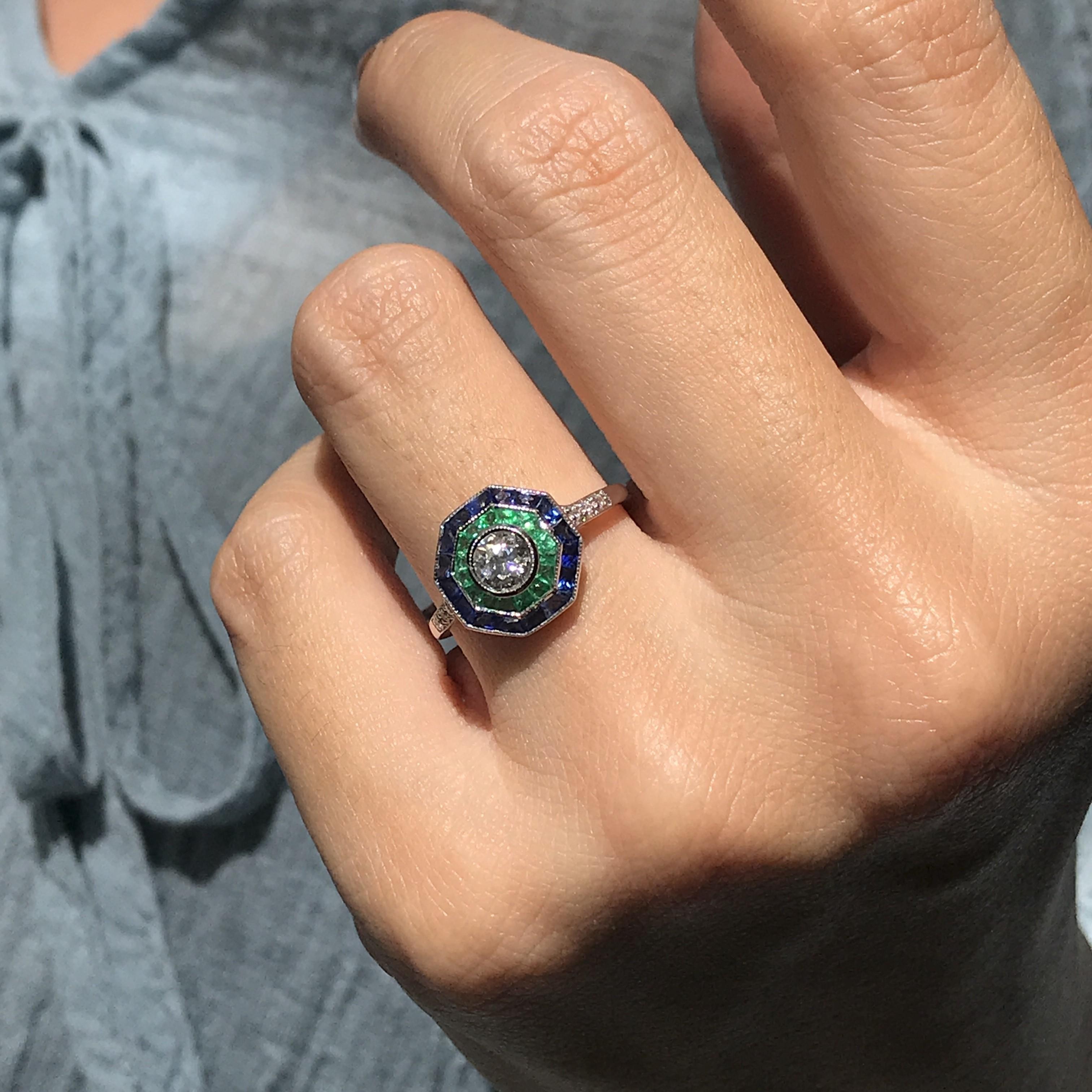 Old European Cut Art Deco Style Diamond with Sapphire and Emerald Engagement Ring in 18K Gold For Sale