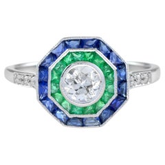 Art Deco Style Diamond with Sapphire and Emerald Engagement Ring in 18K Gold