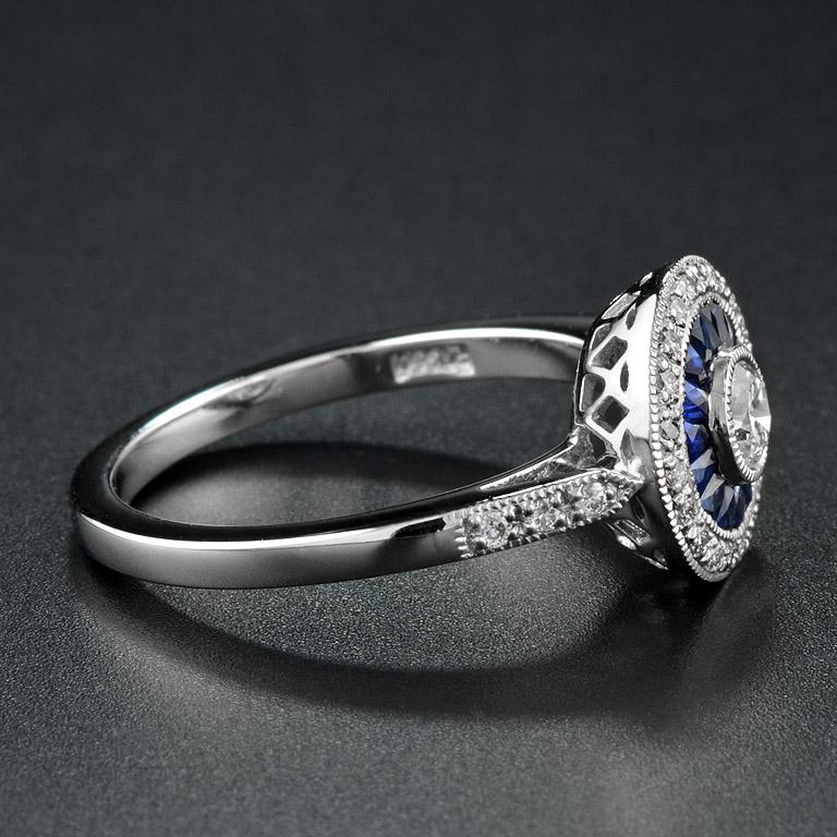 Women's Art Deco Style Diamond with Sapphire Engagement Ring in Platinum950 For Sale