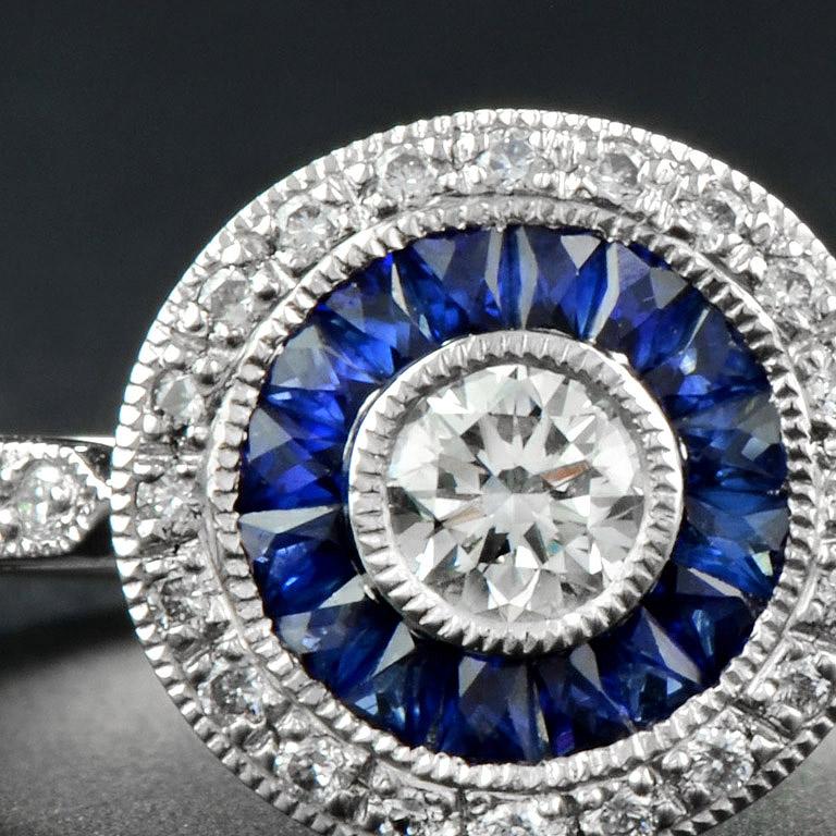 Art Deco Style Diamond with Sapphire Engagement Ring in Platinum950 For Sale 2