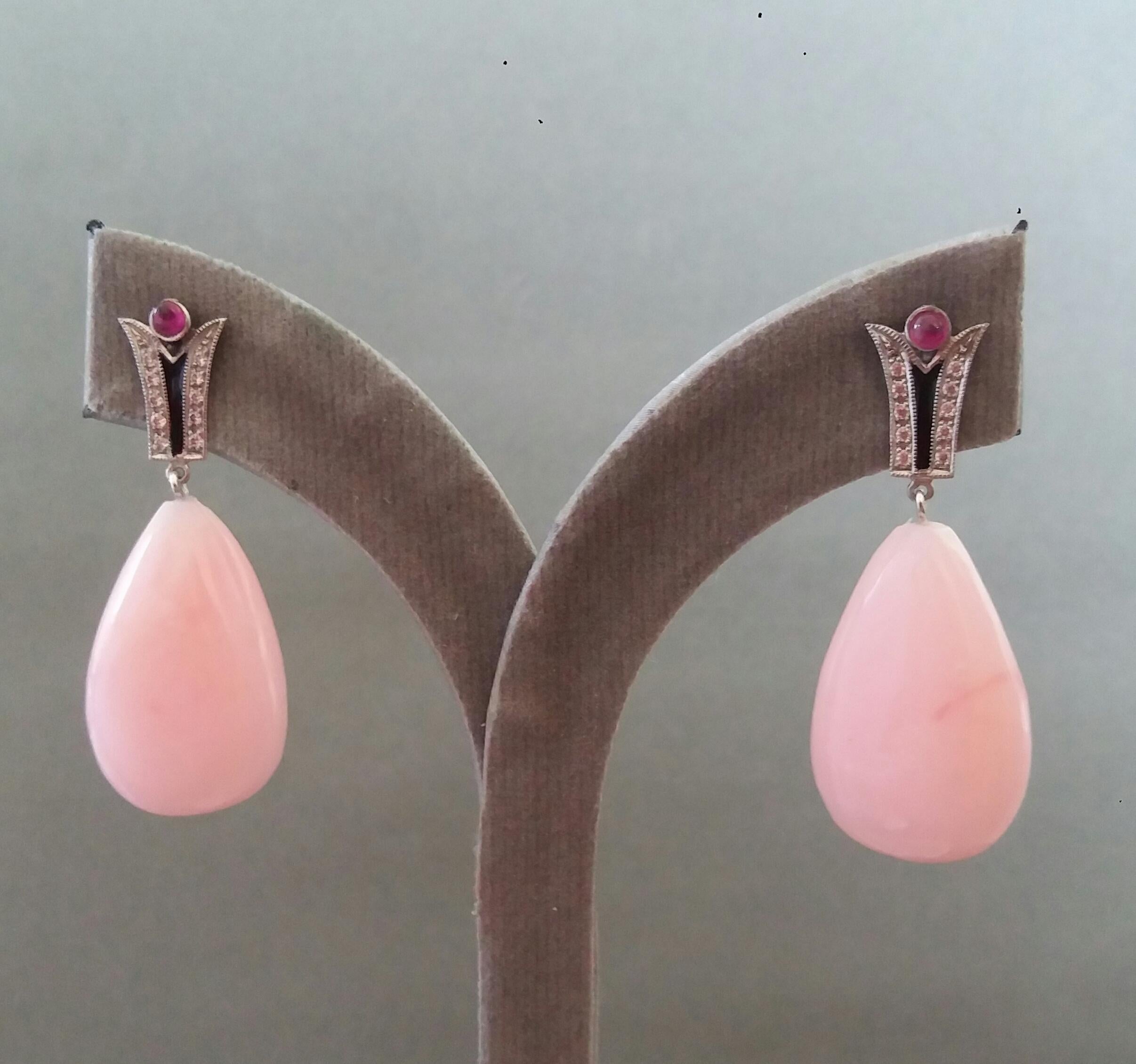 Art Deco Style Diamonds 14k Gold Black Enamel Rubies Pink Opal Drop Earrings For Sale 4
