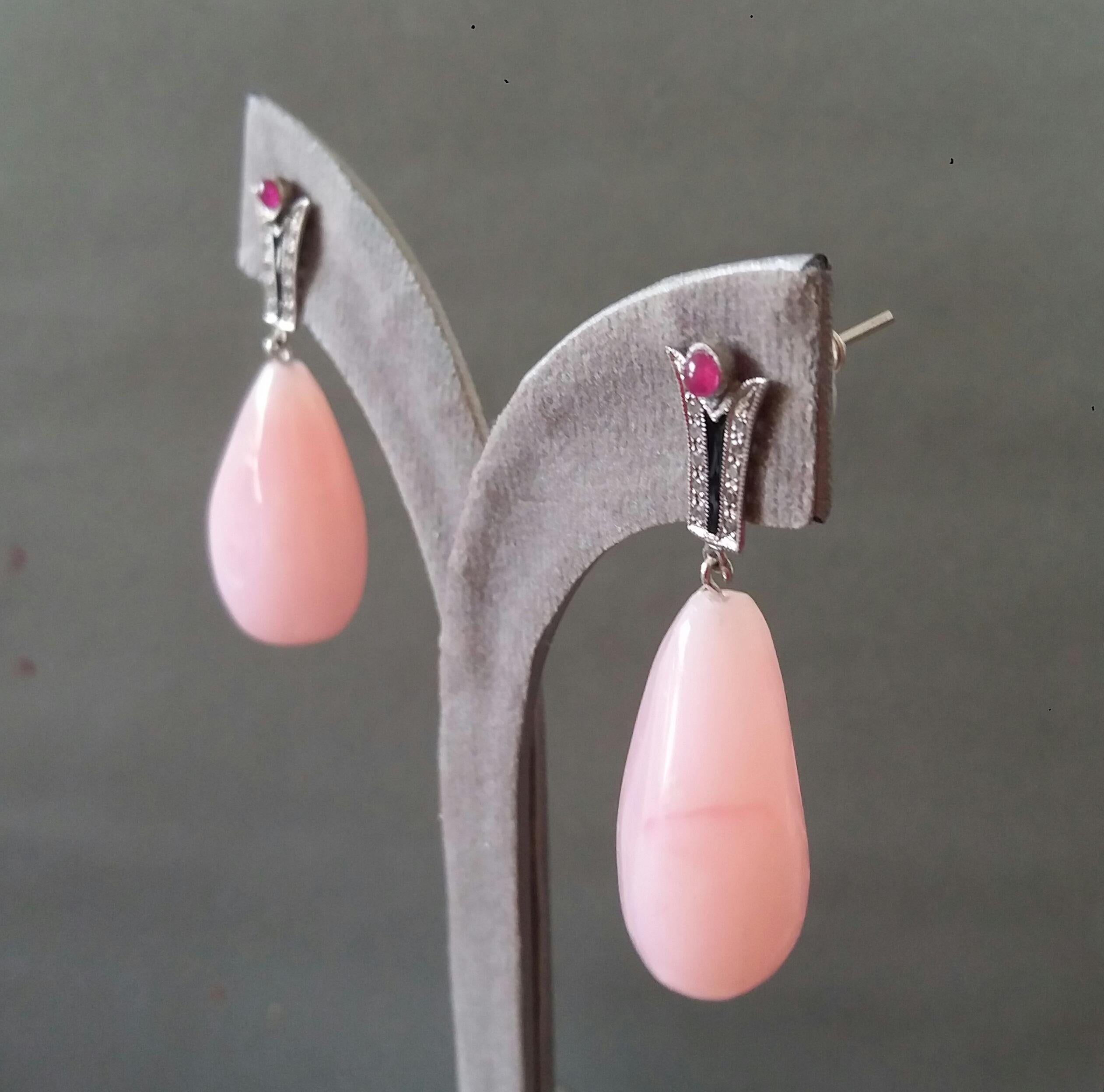 Art Deco Style Diamonds 14k Gold Black Enamel Rubies Pink Opal Drop Earrings For Sale 5