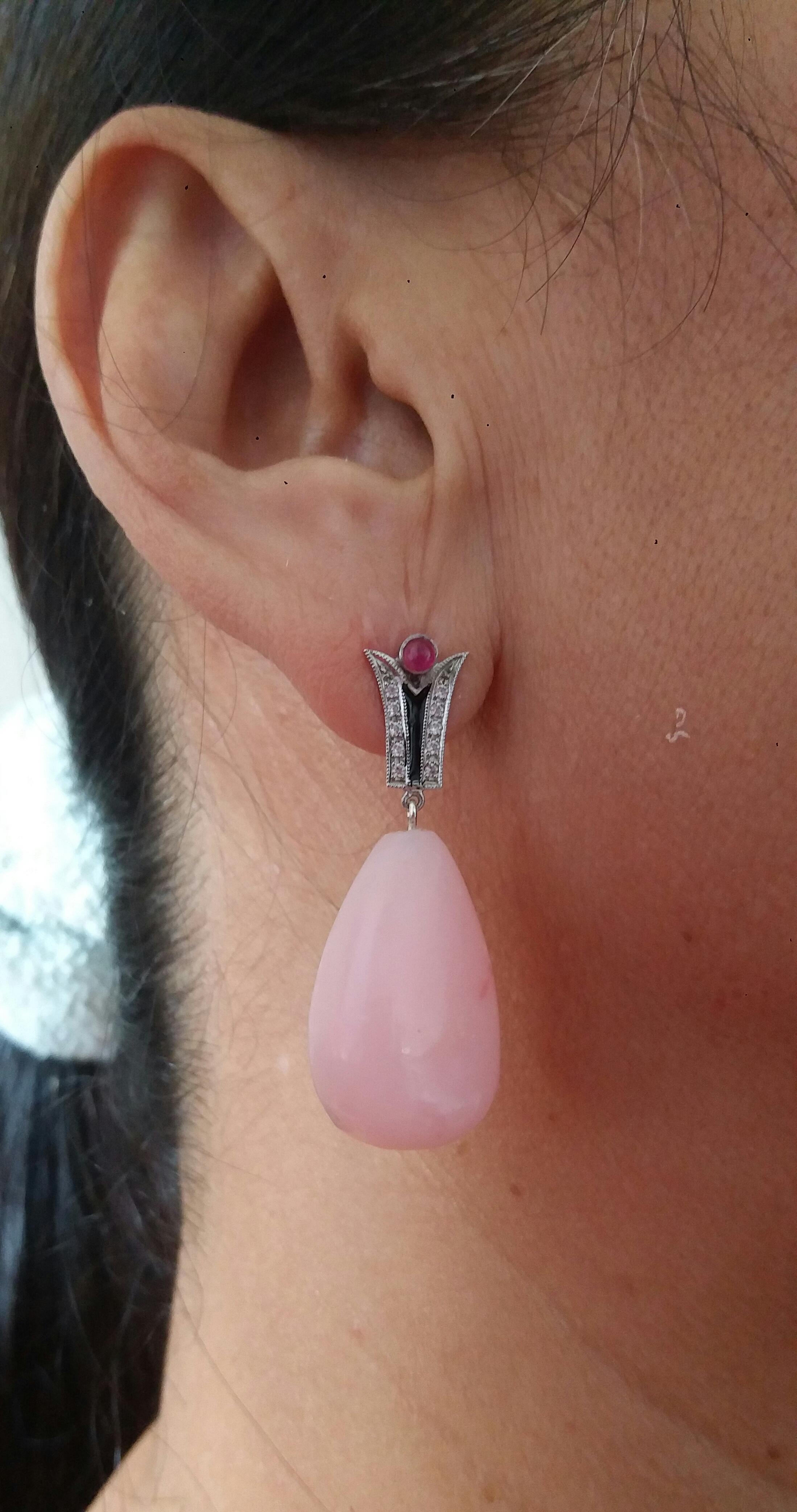 Art Deco Style Diamonds 14k Gold Black Enamel Rubies Pink Opal Drop Earrings For Sale 7