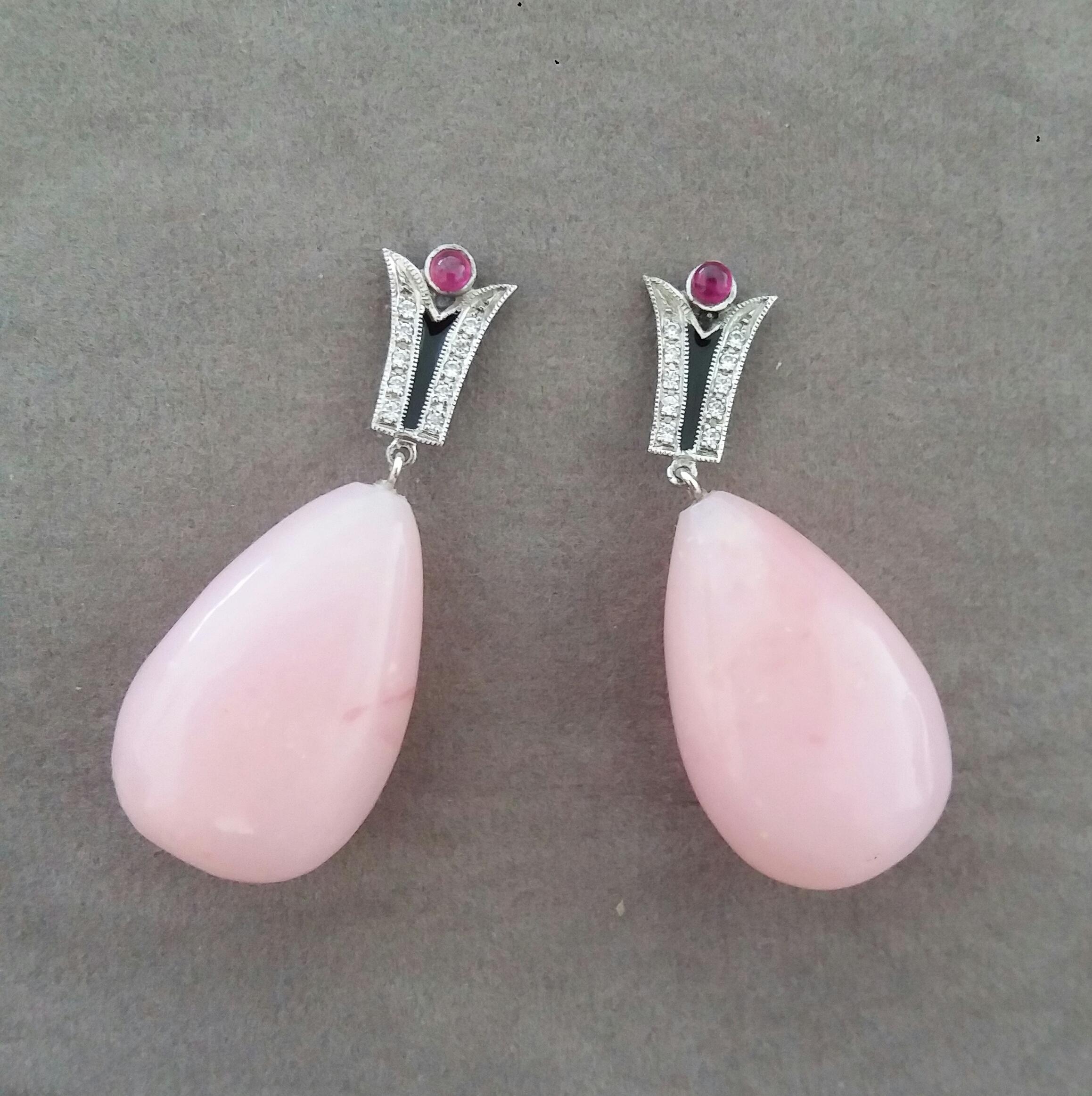 Pear Cut Art Deco Style Diamonds 14k Gold Black Enamel Rubies Pink Opal Drop Earrings For Sale