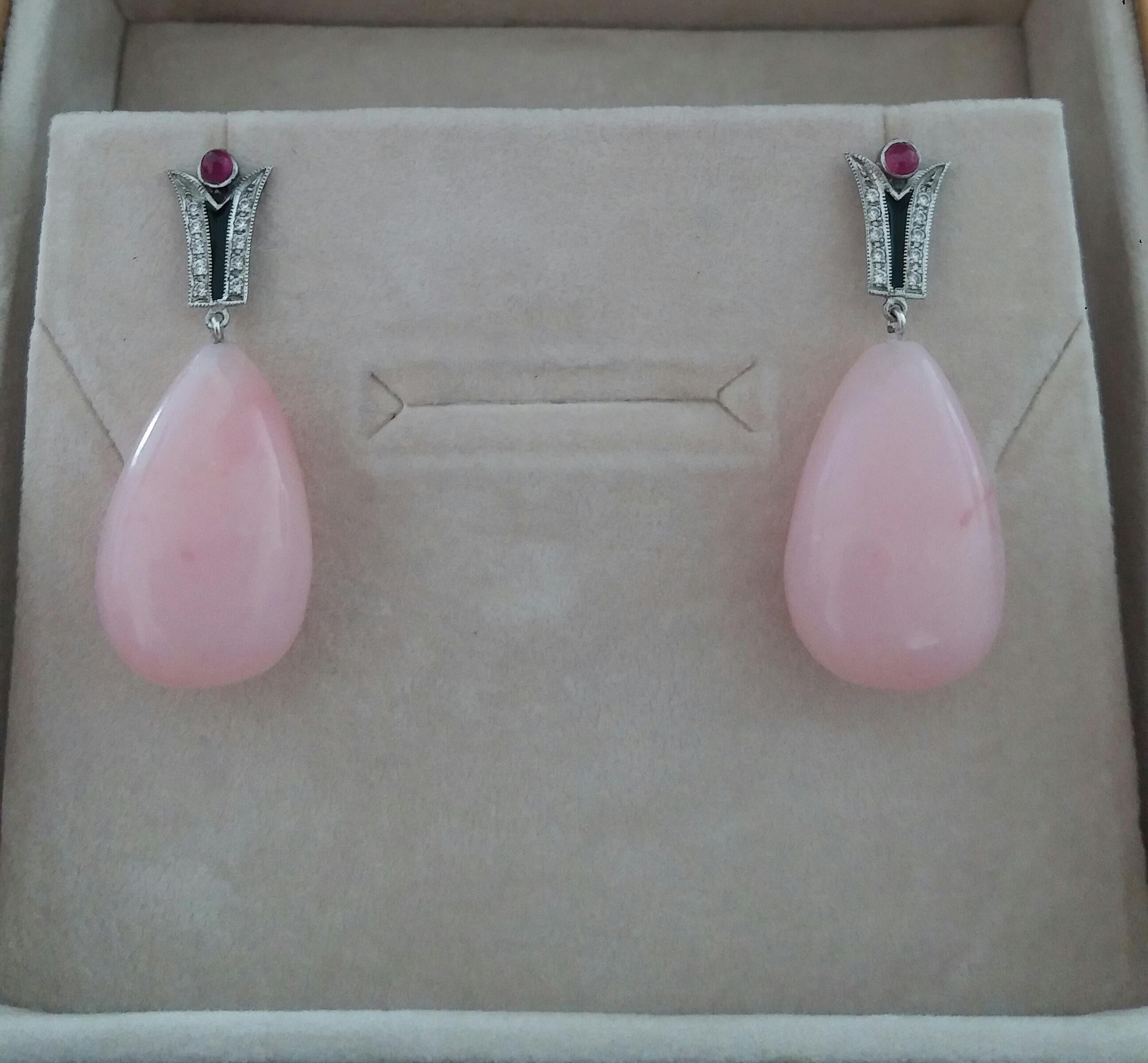 Art Deco Style Diamonds 14k Gold Black Enamel Rubies Pink Opal Drop Earrings For Sale 1